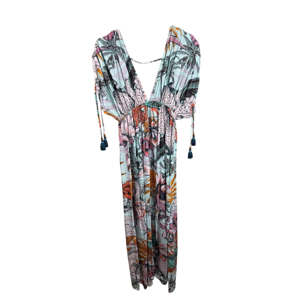 Maaji Dress Womens Large Tropical Maxi Boho Tassel Tie V Neck Beach Cover Up‎